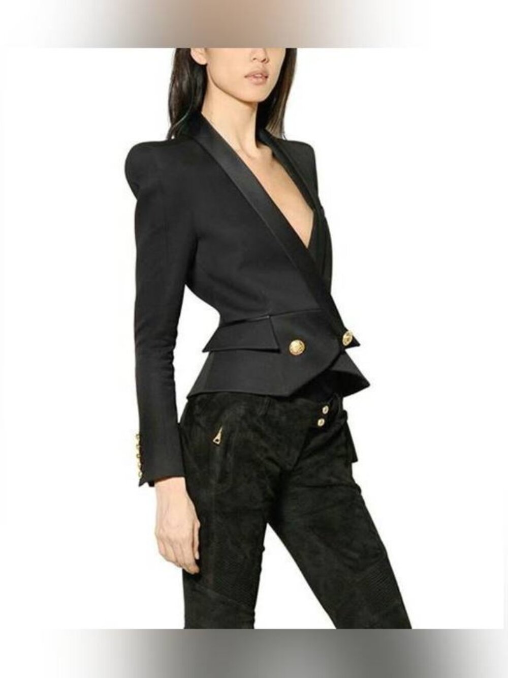 Balmain Black Wool-Twill Double-Breasted Cropped Peplum Blazer